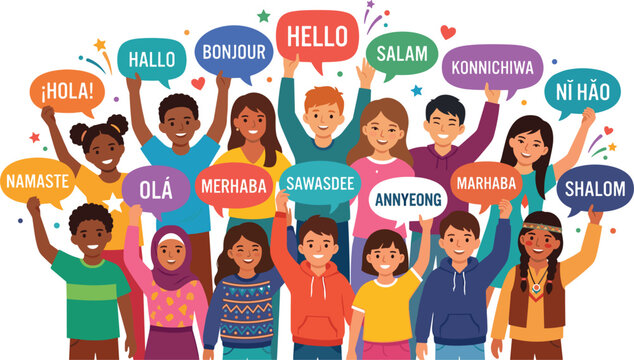 Diverse multicultural children holding international hello speech bubbles vector illustration for global language learning friendship unity and world peace day banner design