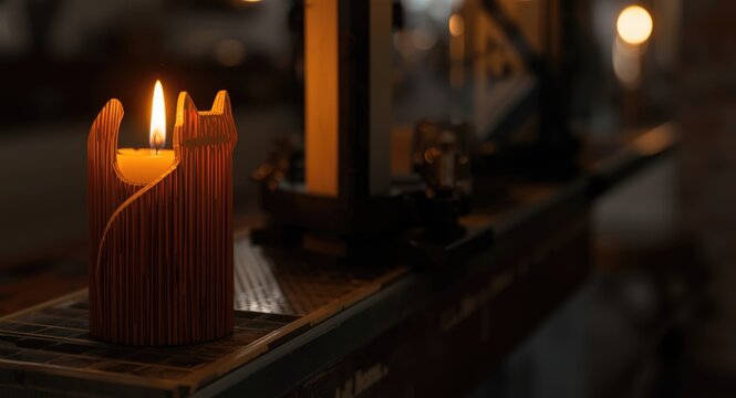 Artistic Candle Glowing in Dimly Lit Workshop - Close-Up, Warm Ambiance