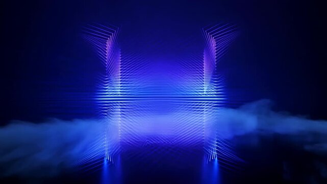 Neon prism built from stacked horizontal light lines glows purple and blue above reflective pedestal in dark studio, surrounded by low fog and soft ambient reflections