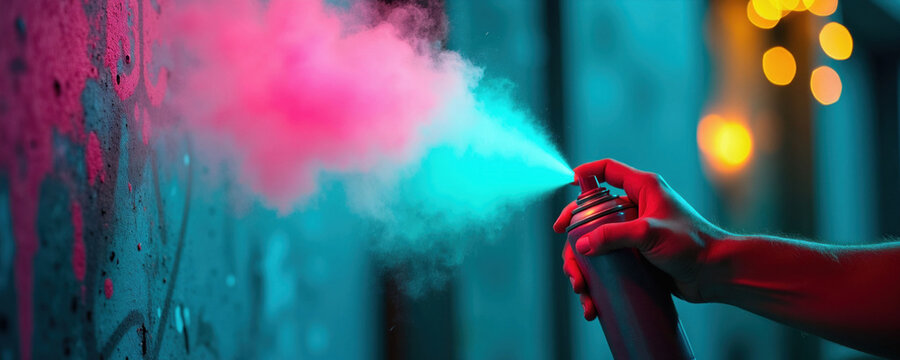 Person hand holds aerosol spraying glowing neon paint on dark wall. Vivid pink, turquoise vapor cloud swirls during night time street art creation. Creative mural maker uses fluorescent pressure