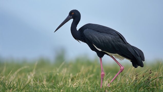 Black Stork Walking Through Green Grass Under Soft Blue Sky