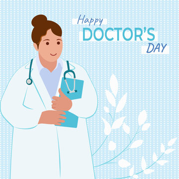 Happy Doctor's Day greeting card design with friendly smiling female physician. Flat vector illustration.