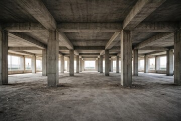 Obraz premium Empty Concrete Building Interior with Columns and Dusty Floor