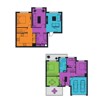 Colorful Vector Floor Plan Illustration of Apartment Layouts with Furniture Icons