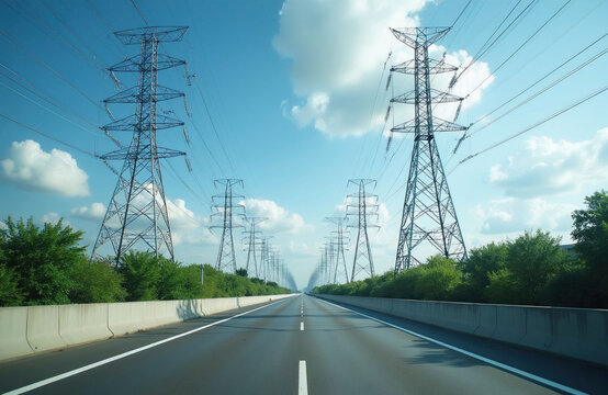 Empty asphalt highway stretches forward under bright summer blue sky with white clouds. Massive metal power line towers stand along roadside paths. High voltage cables hang over road lanes. Urban