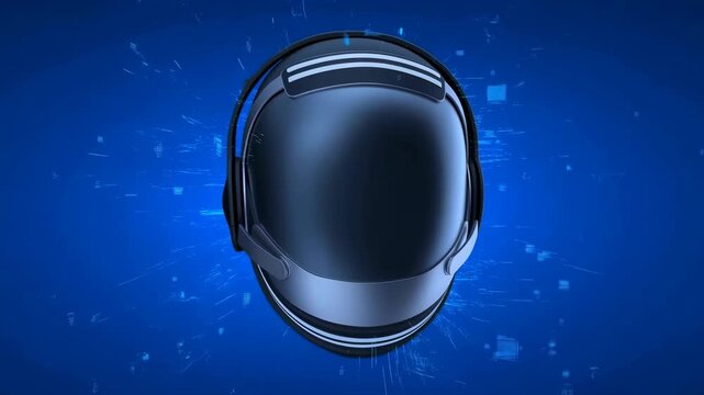 Futuristic full-face helmet with integrated over-ear headphones centered against vivid blue data field and radial particle burst, sleek matte surface, studio lighting, immersive tech concept