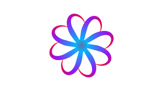 A colorful flower graphic with purple, blue, and pink petals on a white background