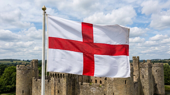 England Flag Waving Over Historic Castle, St George's Cross Symbol, British Heritage