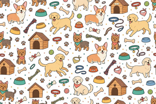 Cute seamless dog pattern with Corgi, Golden Retriever, Yorkshire Terrier, dog house, bowls, collars, bones, paw prints and toys, flat vector, soft pastel colors, white background, high quality.