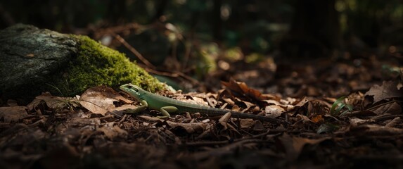 Fototapeta premium Green Lizard Crawling on Forest Floor Among Fallen Leaves and Moss