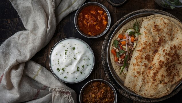 Indian chole bhature served hot alongside flavorful puri masala and mixed salad