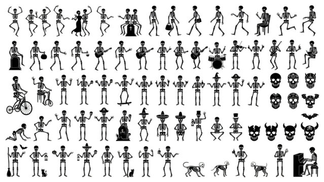 Halloween Skeleton Silhouette Collection Dancing Skull Bone Character Vector Set