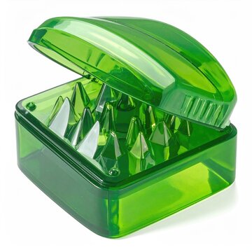 Translucent green plastic container with spikes, open lid