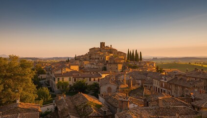Obraz premium Tuscan Hilltop Village at Sunset with Warm Sky and Ancient Architecture