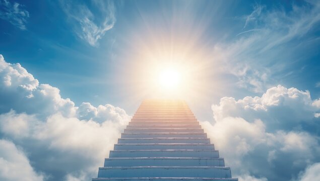 Stairway to Bright Light Above Clouds with Blue Sky Background