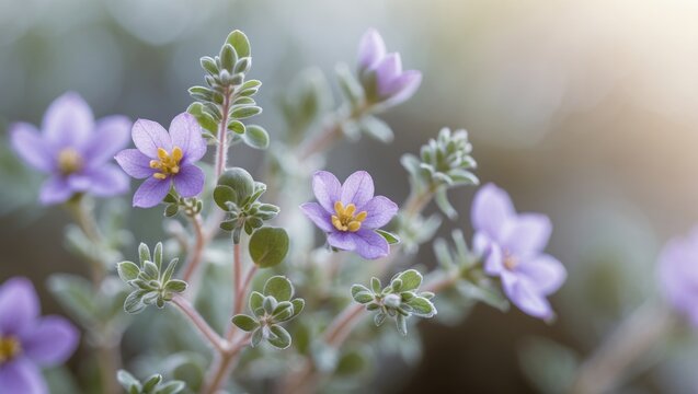 Thymus serpyllum, or photographed in macro, featuring wild thyme flowers commonly called creeping thyme or elfin thyme. In healthcare, the application of naturally occurring substances.