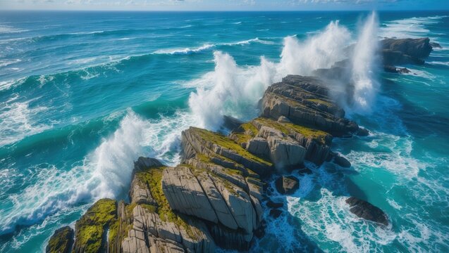 Aerial view of rocks being pummeled by waves along the ocean's rugged shores and turquoise-blue sea.