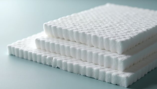 Stacked white sheets of textured foam material show bubble pattern for shipping protection. Flexible padding layers provide soft cushion for industrial packing needs. Square blocks feature smooth