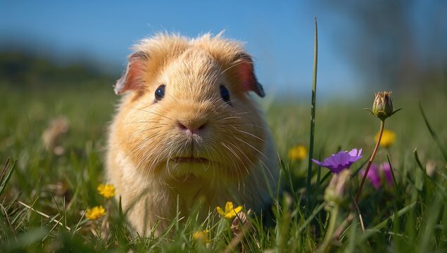 Guinea Pig Curiously Exploring a Flowering Meadow in Bright Daylight