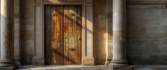 Obraz premium Weathered Wooden Door in Historic Building with Sunlight and Shadows