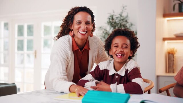 Education, face and mother with son in home for child development, homework help or learning. Proud, smile and study with African family at counter in apartment for assistance or school assignment