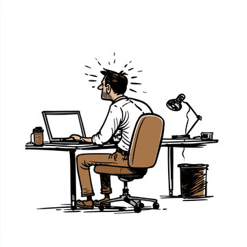 Stressful Workday: A man sits at his desk, hunched over a laptop, his brow furrowed in concentration, radiating visible stress. Surrounded by office essentials.