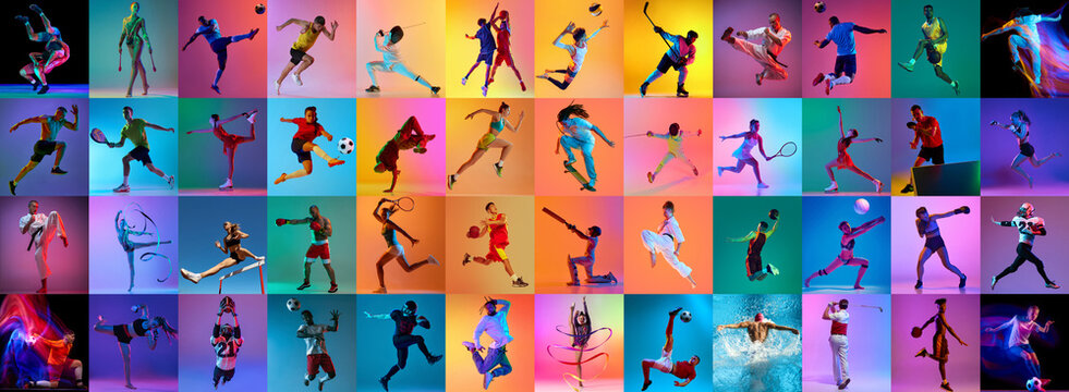 Colorful sports collage with diverse athletes performing multiple competitive disciplines. Concept of sports event promotion, streaming platform branding, sponsorship marketing and fan engagement.