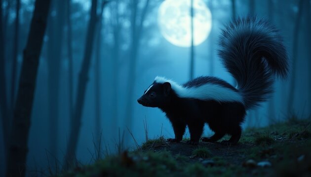 Skunk stands on forest floor under moonlight and fog. Fluffy tail is raised, showing black and white stripes. Trees and dim light create mystery.