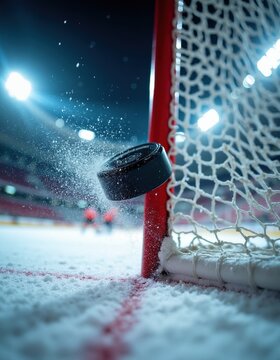 Hockey puck flies toward net during intense match. Players and bright stadium lights create dynamic sports action. Score is imminent in this thrilling winter game.