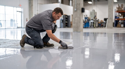 Obraz premium Worker uses trowel to evenly spread epoxy floor coating on concrete. Professional applies epoxy floor coating across industrial floor, ensuring durable, high performance finish.