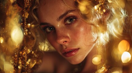 Fototapeta premium Elegant woman radiating luxurious feminine energy, surrounded by a soft luminous aura, symbolizing prosperity and abundance, enhanced by sophisticated aesthetics, opulent textures, golden accents