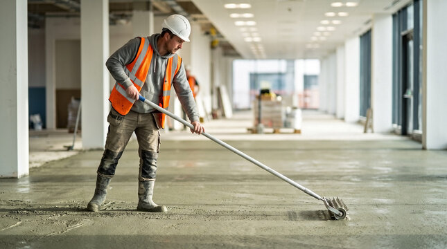 Worker smoothing screed on concrete floor, leveling fresh surface for next stage. Dedicated worker smoothing screed with roller, achieving even foundation for building.