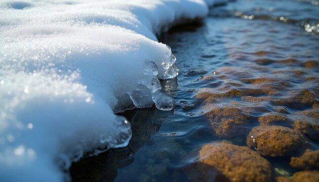 Cold mountain river water flows past thick white snow, ice crust. Clear stream runs over brown stones in winter landscape. Close up nature view of frozen bank side during freezing season temperature