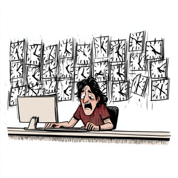 Overwhelmed by Time: A stressed individual sits at a desk, staring at a computer screen with a look of exhaustion, surrounded by a chaotic collage of ticking clocks.