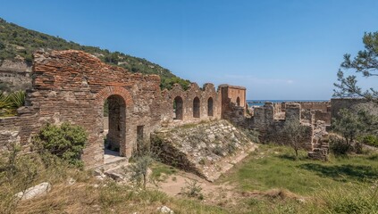 Fototapeta premium Ancient Ruins Overlooking the Sea in a Sunny Landscape