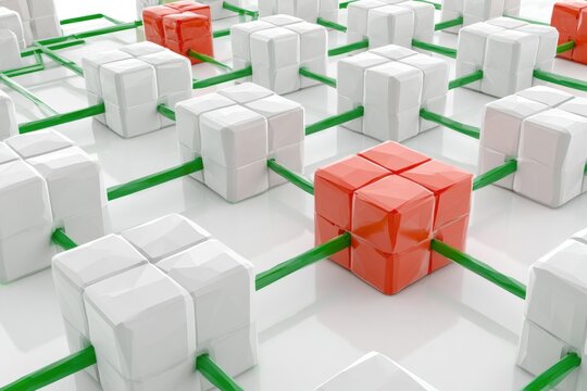 Geometric Modular System With One Red Module Isolated Among Green Modules in a Low Poly Design on a White Background