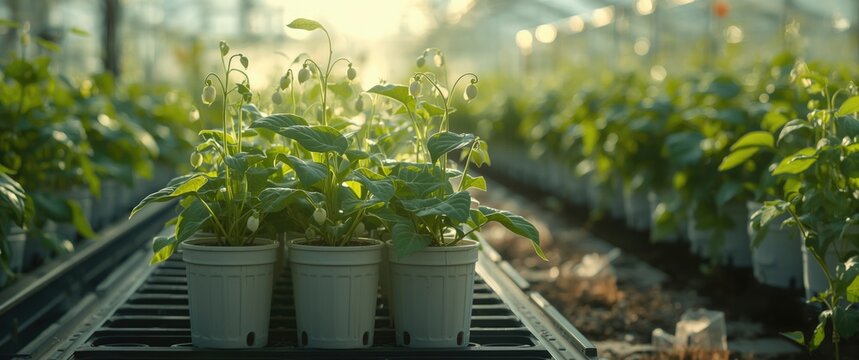 Young Pepper Plants Growing in Pots in a Greenhouse with Soft Light