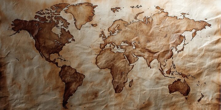 Vintage World Map Printed On Old Worn Paper With Grunge Texture Background Design Illustration A1