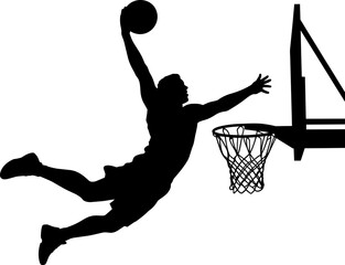 Basketball player slam dunk silhouette featuring an athletic male sportsman jumping in mid-air towards the hoop to score points and net © MOHAMMAD