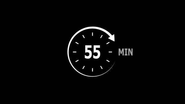 Timer 55 minutes countdown write clock with circular arrow on Black background.