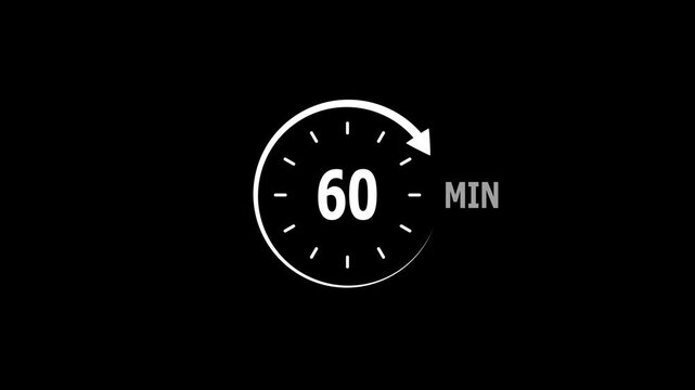 Timer 60 minutes countdown write clock with circular arrow on Black background.