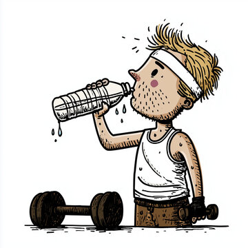 Thirsty Athlete Hydrating: A cartoon depiction of a tired athlete, sweating profusely after a workout, takes a refreshing drink from a water bottle, with a dumbbell resting nearby.