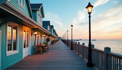 Fototapeta premium Coastal town boardwalk at sunset. Shops with teal siding line wooden walkway. Ocean horizon with boats under pastel sky. Outdoor lamps light path.