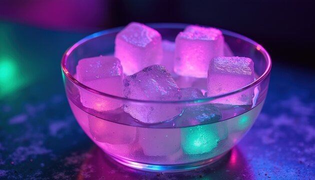 Clear glass bowl holds ice cubes illuminated by purple and green light. Refreshing cold water with sparkling cubes, creating a vibrant party atmosphere. Modern aesthetic for drinks and celebrations.