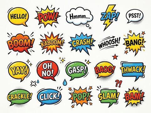 Collection of colorful comic book style speech bubbles and sound effect exclamations like POW, ZAP, BOOM, and BANG on a white background.