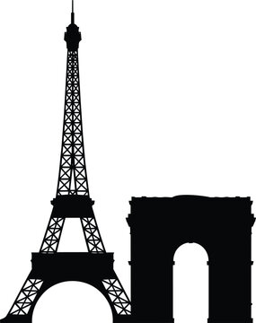 Eiffel Tower and arc de triomphe silhouettes representing famous travel landmarks of Paris France as a classic black metal monument icon
