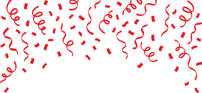 Red confetti and serpentine streamers falling from top, festive party celebration background, vibrant red paper scraps for holiday events