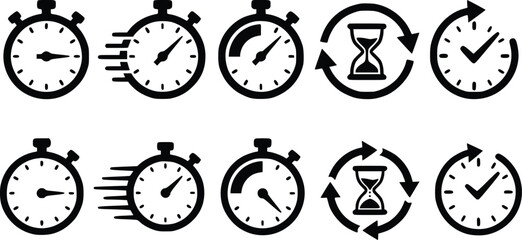 Minimalist stopwatch icon set, black timer and clock symbols for speed and productivity, 10 vector elements for time management and deadlines © Ali
