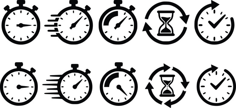 Minimalist stopwatch icon set, black timer and clock symbols for speed and productivity, 10 vector elements for time management and deadlines