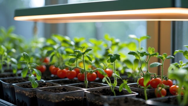 Tomato, mint, and various other plant seedlings are cultivated in plastic pots on a windowsill covered with black dirt and illuminated by an LED lamp strip.